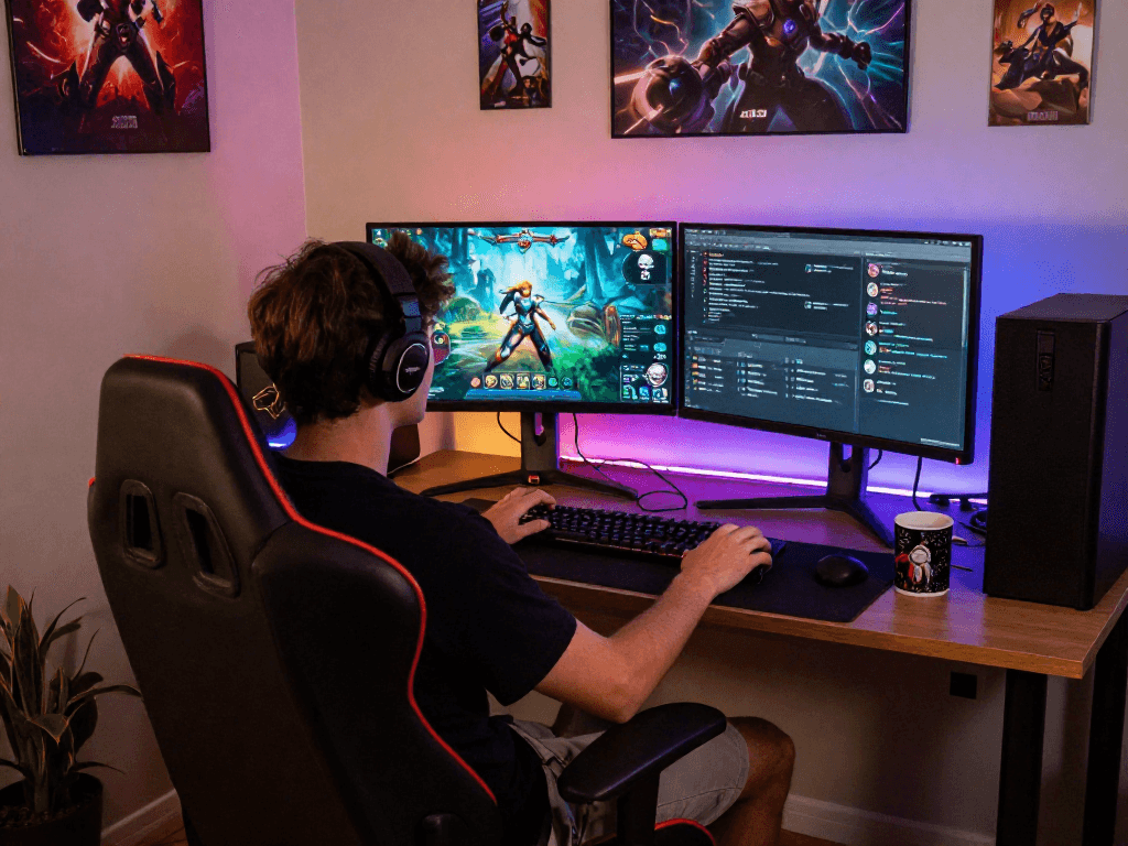 Player enjoying interactive porn games on dual monitors in a cozy gaming setup