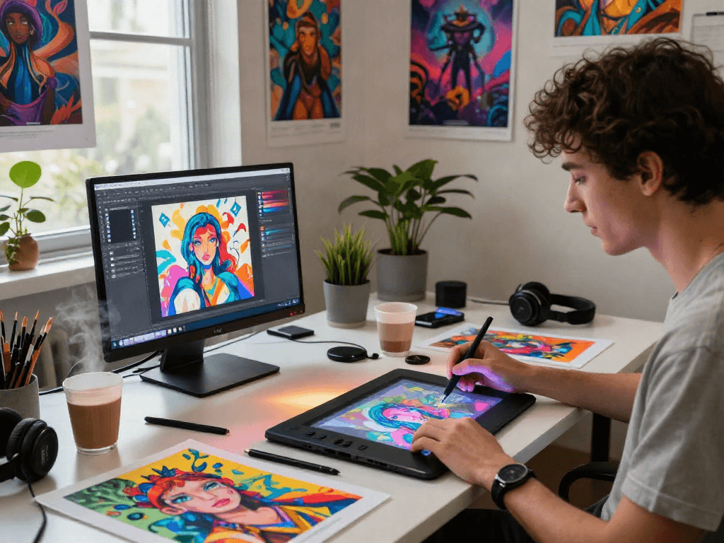 Artist creating vibrant NSFW AI-generated artwork in a creative studio.
