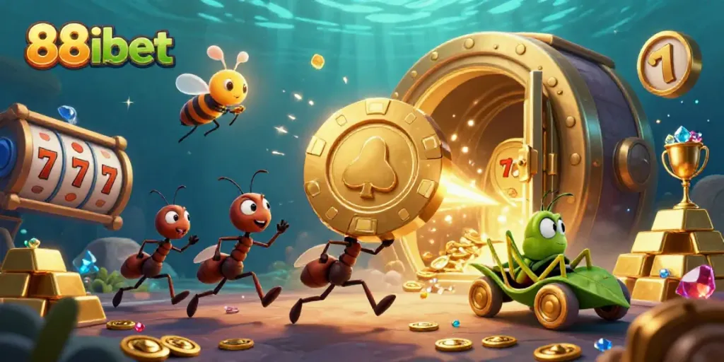 Ants carrying a golden poker chip in a vibrant heist scene, ideal for 88ibet gaming enthusiasts.