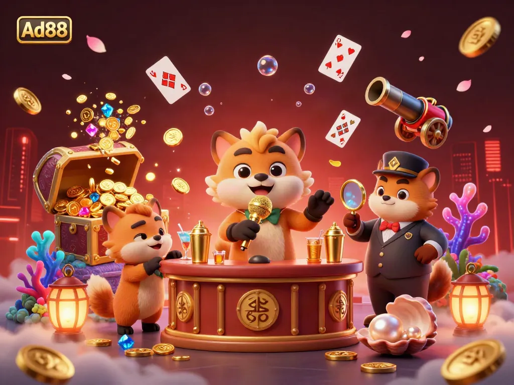 Engage with Ad88 at a vibrant comedy casino featuring animated hyena characters showcasing games and entertainment.