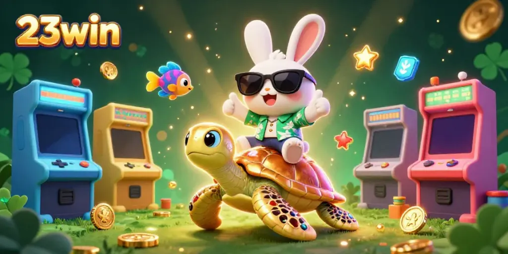 Experience exciting gameplay with 23win's lucky rabbit and golden sea turtle in a vibrant casino scene.
