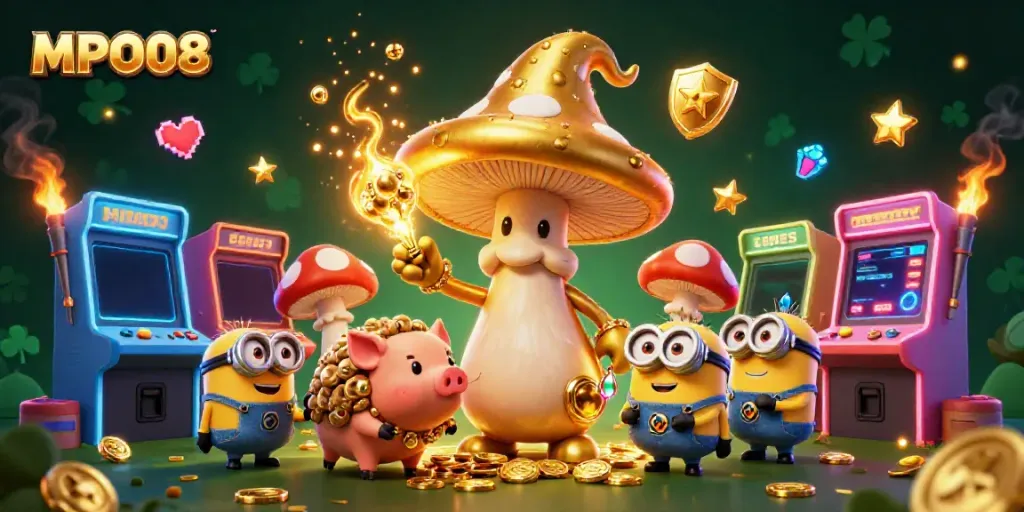 Engage in thrilling slots at MPO08 with whimsical characters, vibrant gaming elements and a dynamic casino theme.