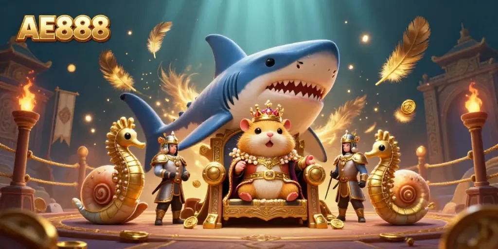 AE888 vibrant casino scene with a hamster king, royal guards, and dynamic betting elements.