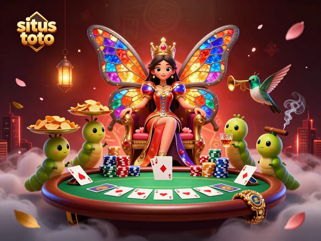 Experience the excitement of situs toto with a vibrant 3D scene featuring a butterfly queen and poker elements.