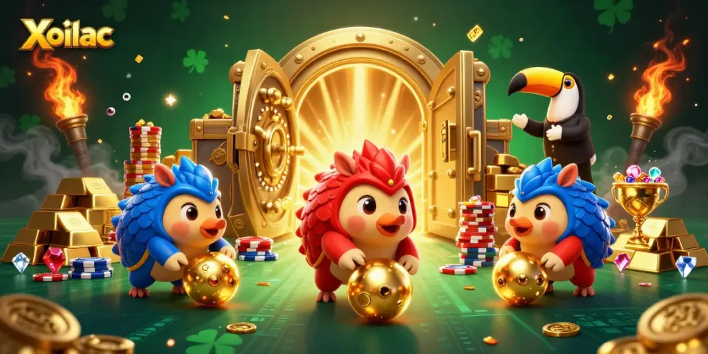 Xoilac pangolins roll into golden balls through poker chips in a vibrant casino scene.