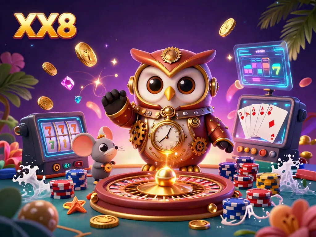 Experience the thrill of XX8 with a vibrant 3D casino scene featuring a time-traveler owl and wealth symbols.