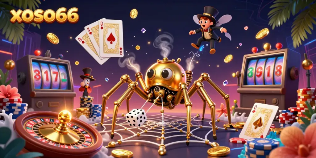 Experience xoso66's thrilling gaming world with steampunk spider and golden web scene.