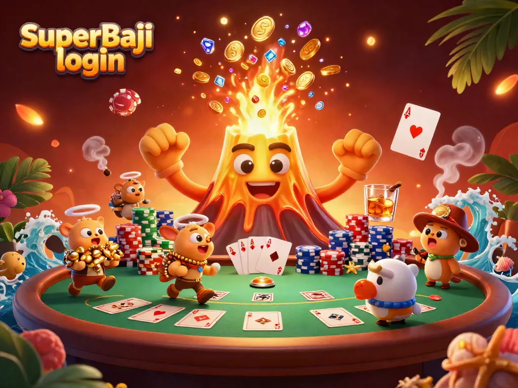 Experience seamless access with SuperBaji login as a golden volcano erupts treasures in a vibrant casino