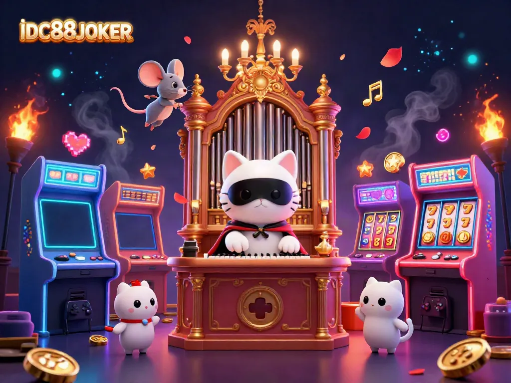 Experience the vibrant thrill of IDC88JOKER with a ghostly cat at a casino organ, lively arcade elements, and enchanting details.