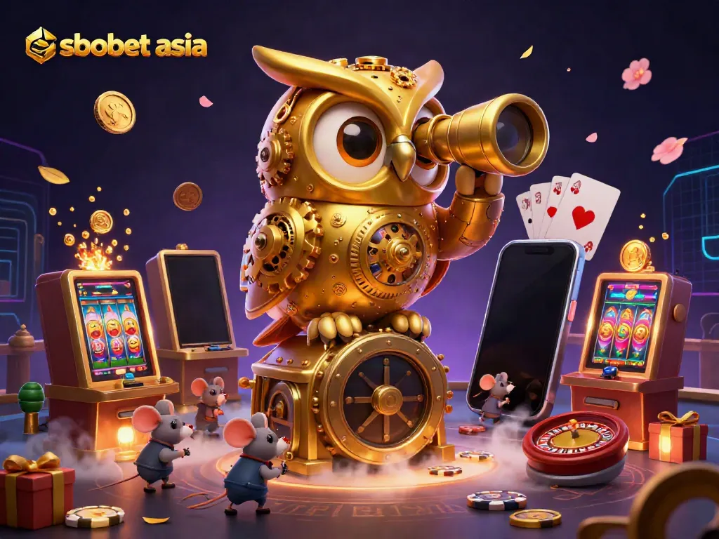 Engage with sbobet asia as a golden owl surveys a vibrant casino floor packed with games and excitement.