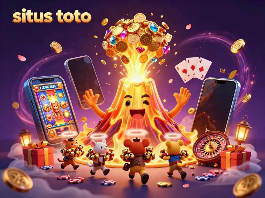 Experience the thrill of situs toto as the golden volcano erupts coins and treasures amidst colorful slot game elements.