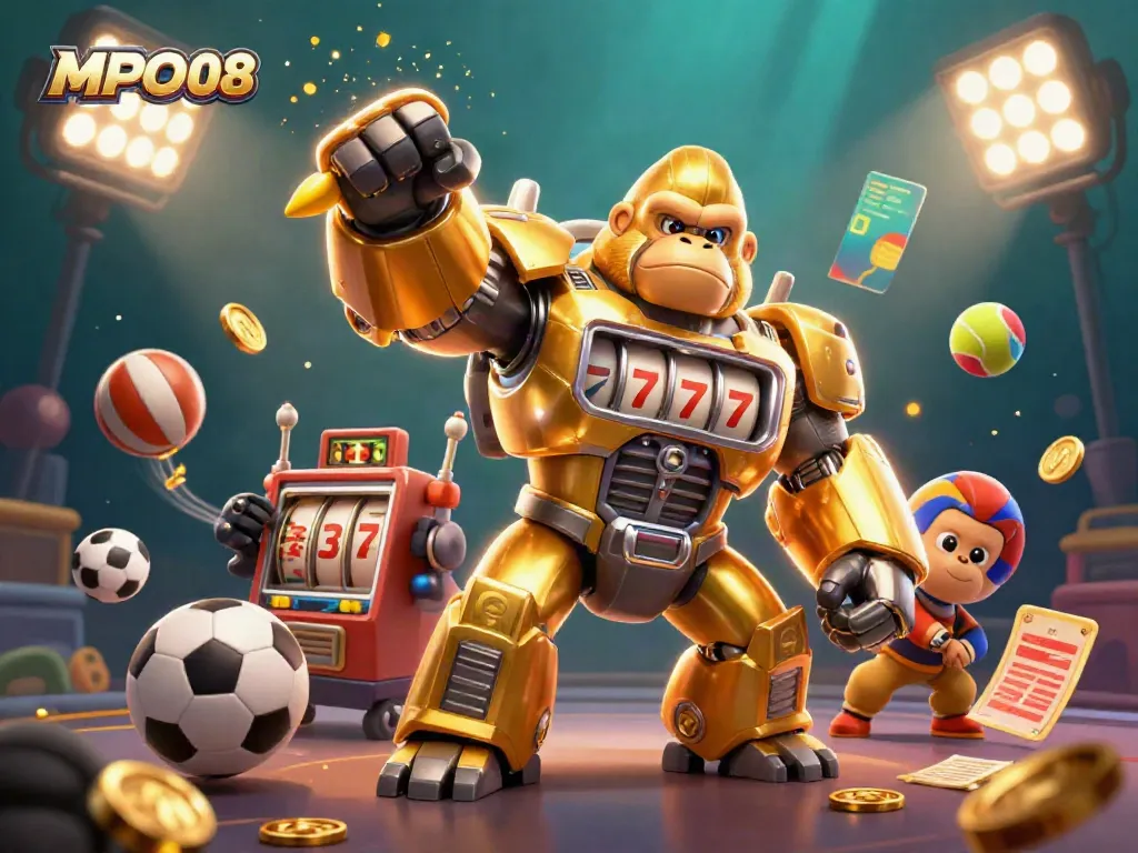 MPO08's dynamic 3D casino scene with a golden gorilla mech and sports elements showcasing exciting online gaming features