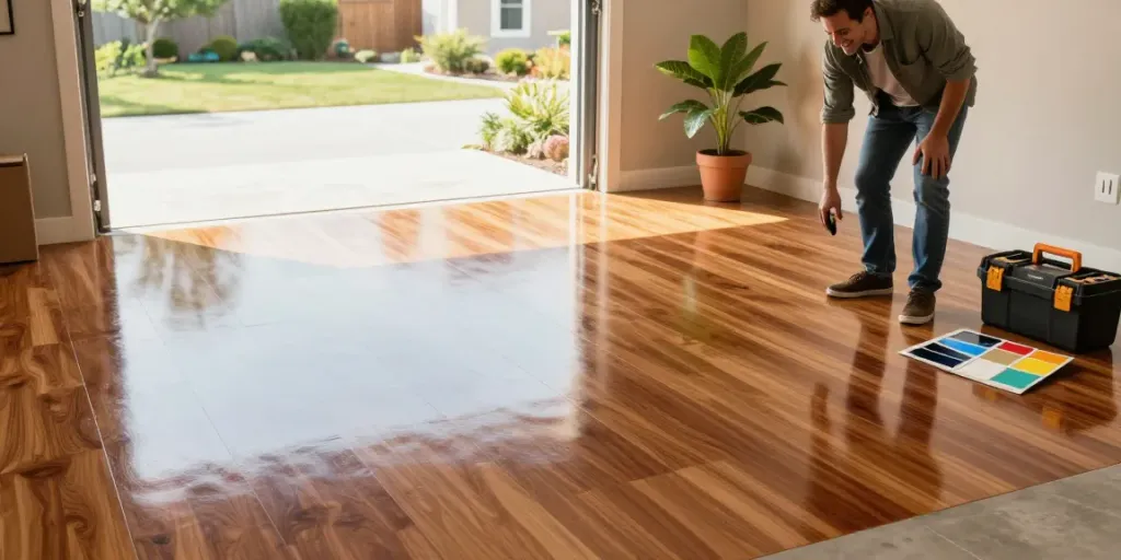 Epoxy flooring installation in a garage, showcasing colorful flakes and a reflective surface.