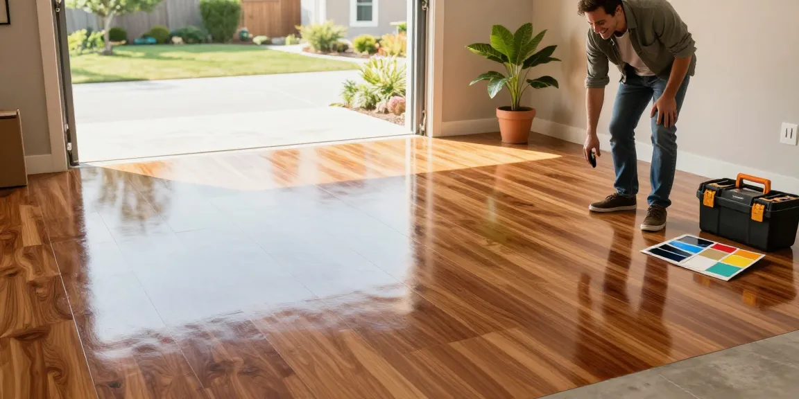 Epoxy flooring installation in a garage, showcasing colorful flakes and a reflective surface.