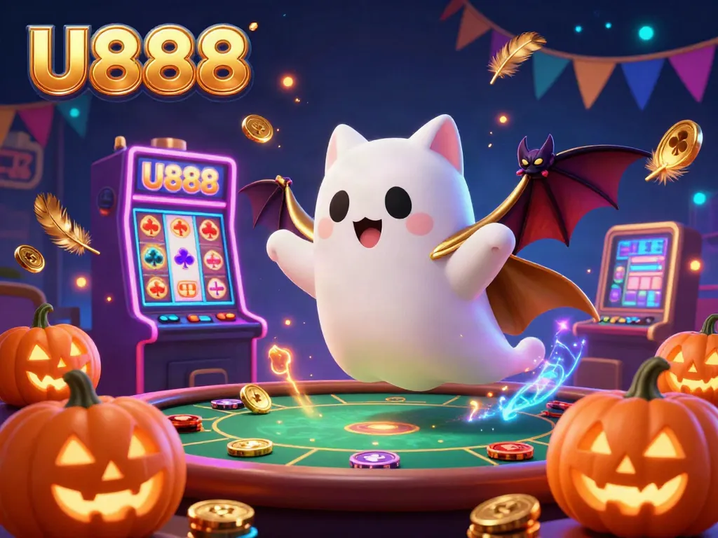 Unleash your wins with U888's ghostly cat and golden bat in a lively casino setting.