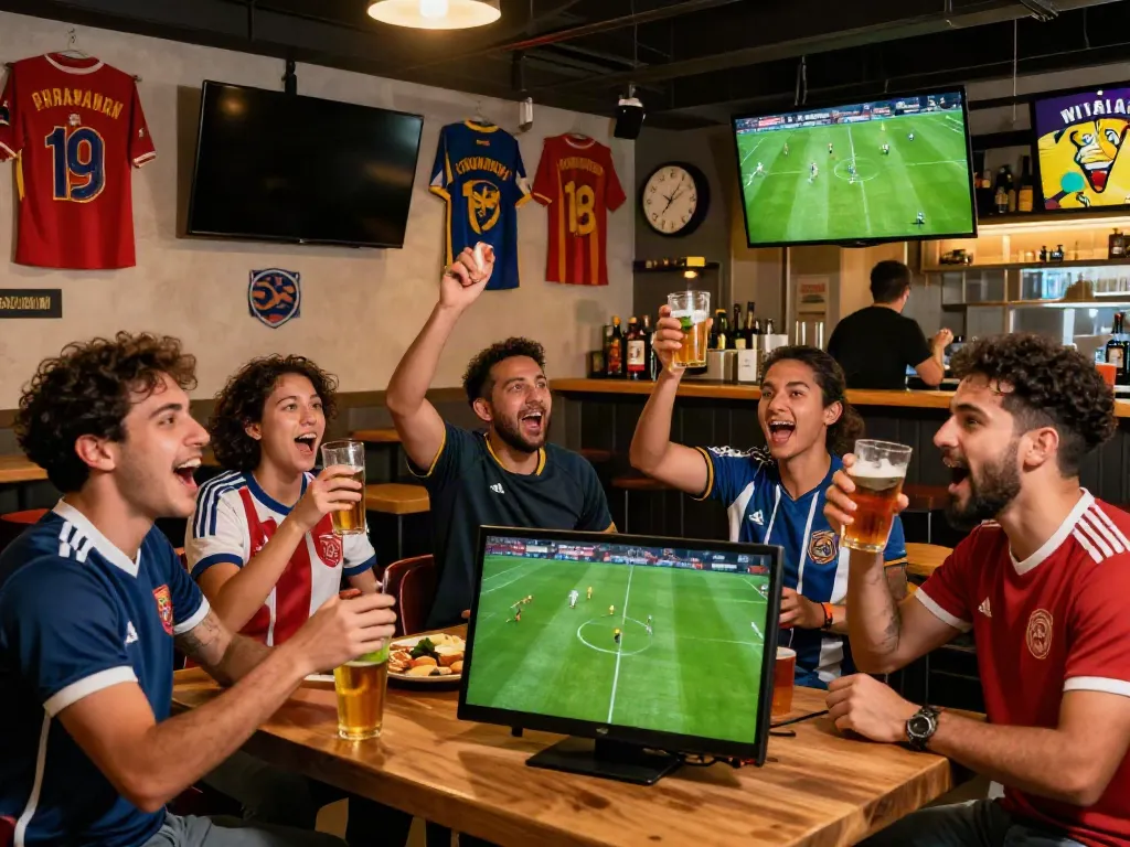 Fans enjoying live football match while following ข่าวกีฬาฟุตบอล in a lively sports bar atmosphere.