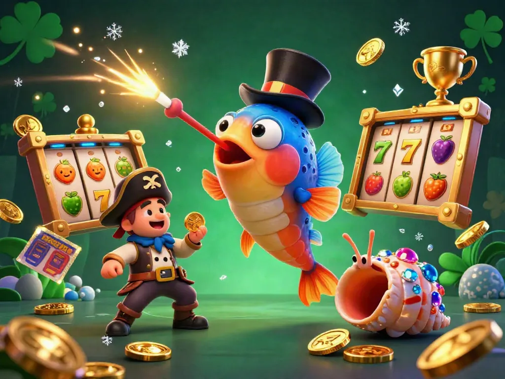 Menang dengan slot pulsa di ilustrasi kasino 3D dengan karakter unik dan banyak simbol permainan.