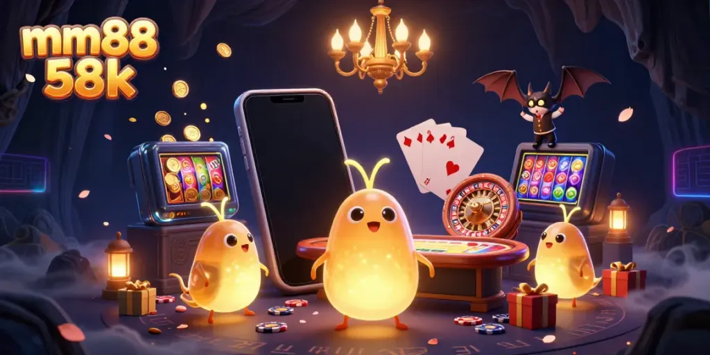 Experience the vibrant mm88 58k casino scene with glowing characters and dynamic game elements.