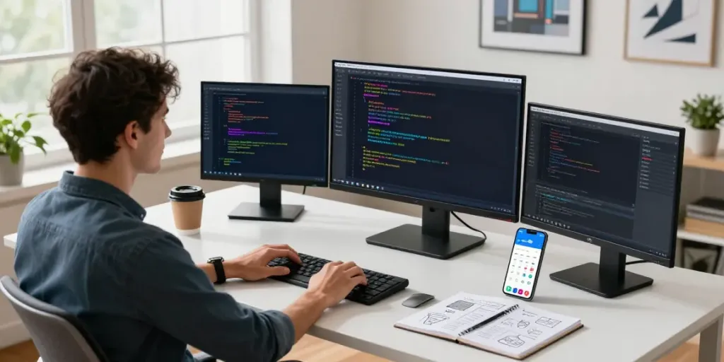 Developer coding apk applications in a modern digital workspace with multiple monitors and vibrant decor.