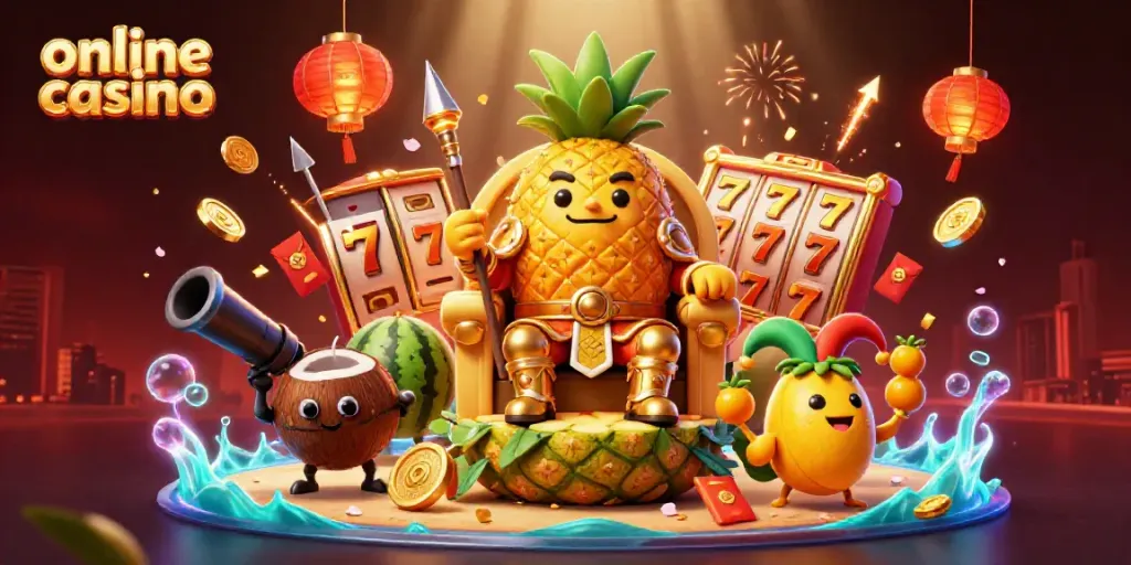 Enter the thrilling world of online casino with a vibrant 3D beach scene showcasing a pineapple king and his jester.