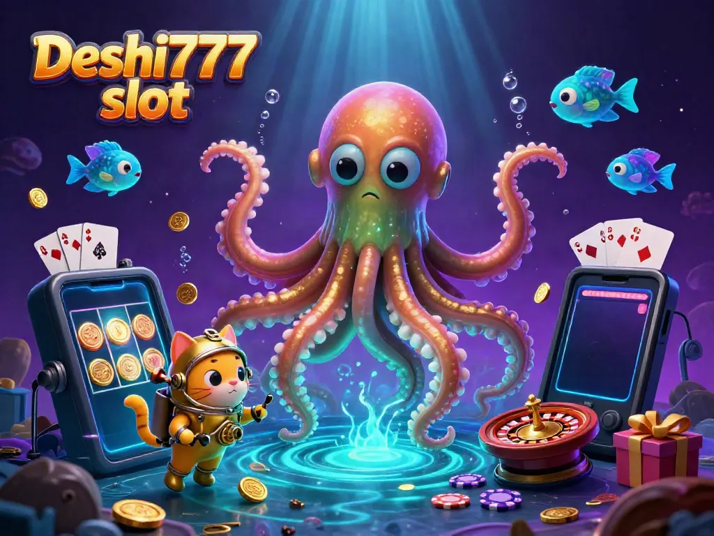 Spin the reels and uncover treasures in the thrilling Deshi777 slot scene featuring lively characters.