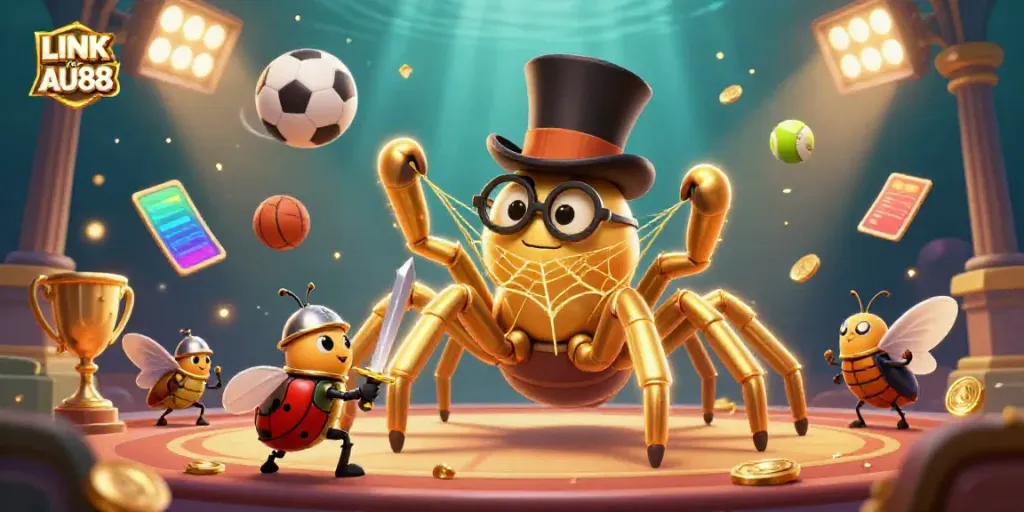 Engaging scene depicting LINK VÀO AU88 with casino characters and dynamic sports elements in a vibrant illustration.