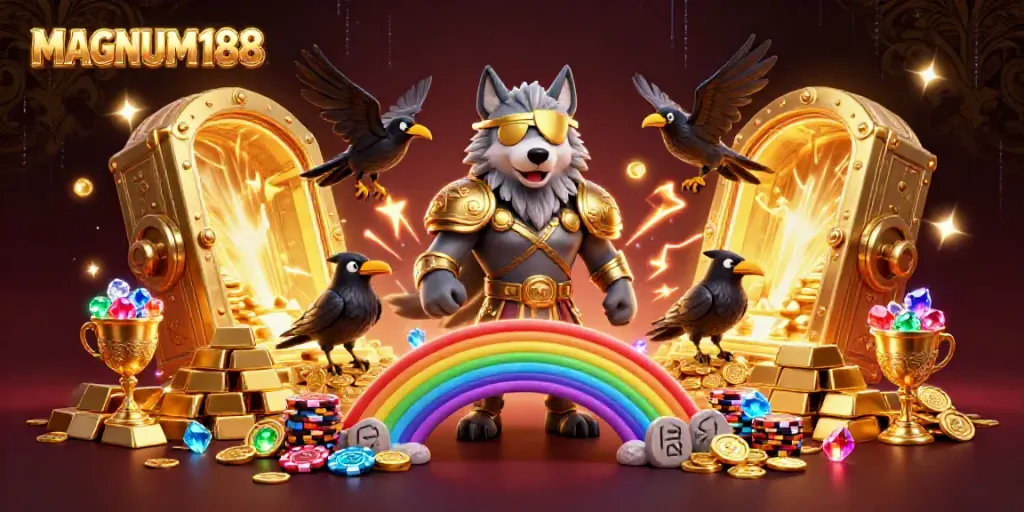 Experience thrilling gaming with MAGNUM188, featuring Odin and his ravens amidst a treasure-filled casino world.
