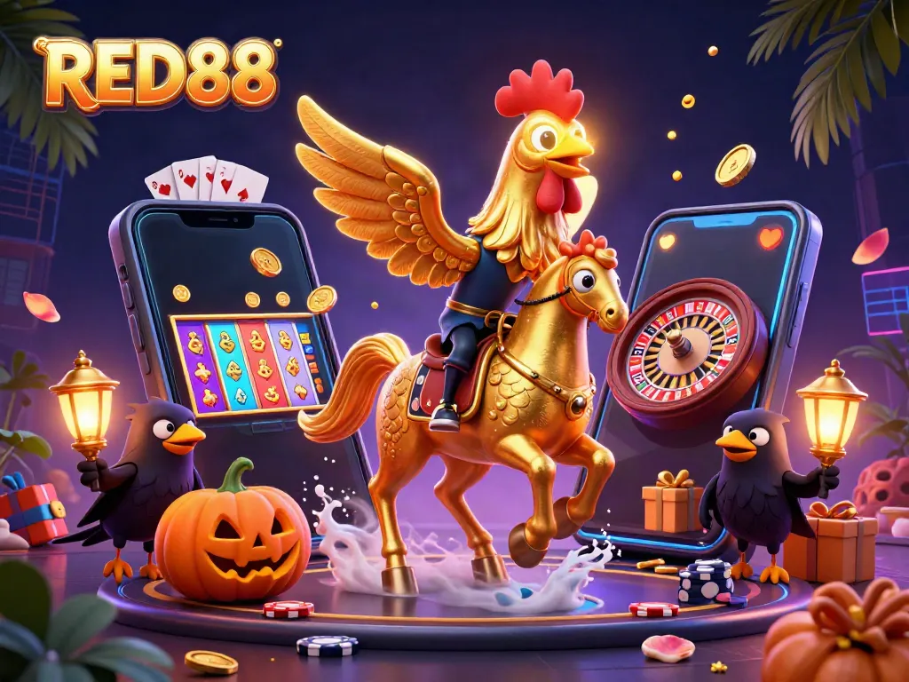 Engage in exciting gameplay at RED88 with a magical golden rooster and immersive casino elements.