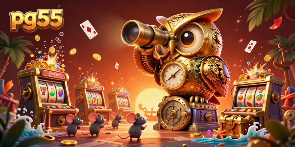 Spin and win at pg55 with dynamic casino elements featuring an owl, mice, and vibrant slot machines.