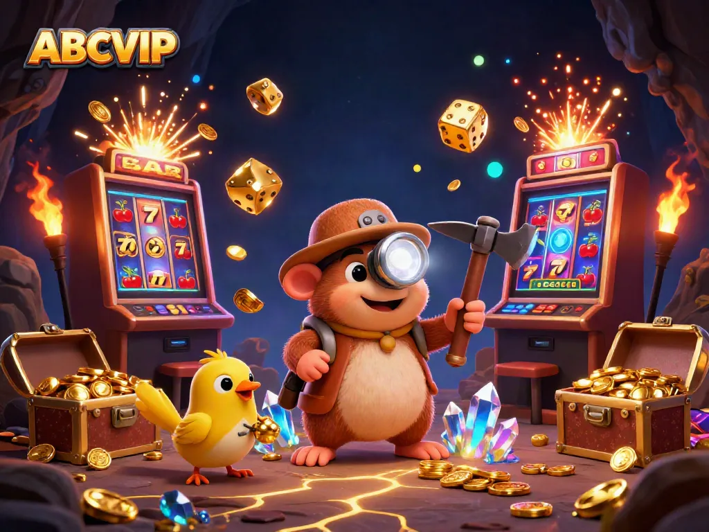 ABCVIP treasure hunt scene with a mole mining golden gems and overflowing slots, showcasing vibrant casino energy.