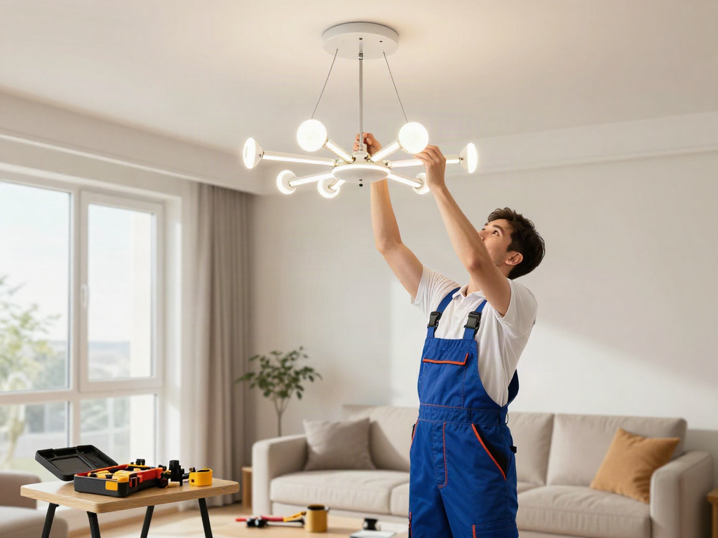 Instalare lustra LED de către un electrician profesionist la un service local.
