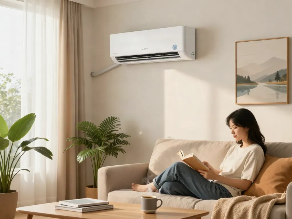 Modern living room with a mini split air conditioner, cozy reading nook, and soft lighting.