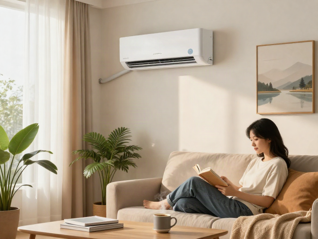Modern living room with a mini split air conditioner, cozy reading nook, and soft lighting.