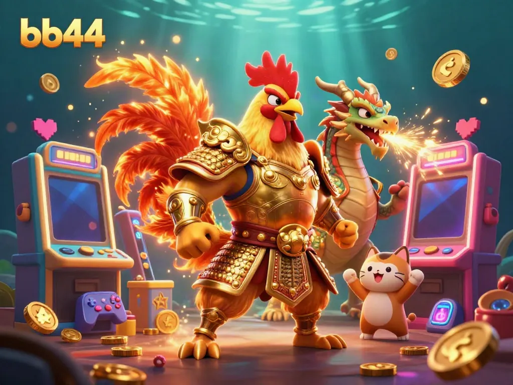 Engage with bb44 slots gameplay featuring an armored rooster warrior and a dragon in a vibrant casino scene.