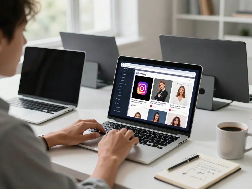 Engaged user utilizing Insanony on a laptop in a bright workspace.