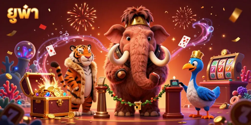 Engaging scene showcasing ยูฟ่า with a mammoth bouncer, VIP sabertooth, and dodo doorman at a lively casino entrance.