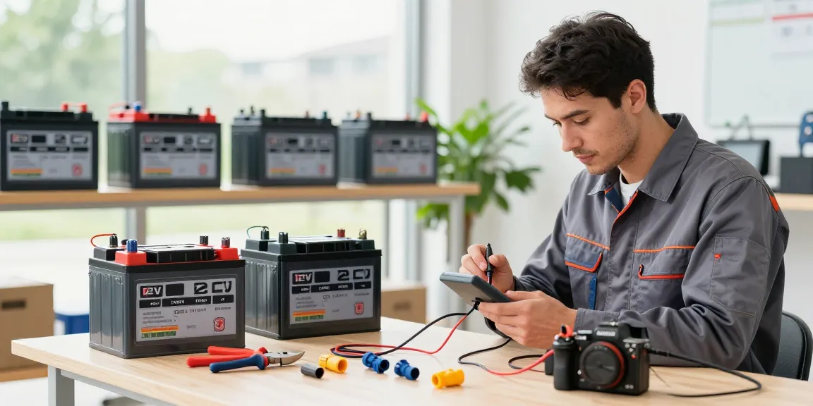 Technician testing 12V batteries in a modern workshop, showcasing lithium battery technology.