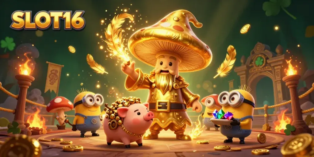 Experience SLOT16 with a magical wizard and treasure-hunting pig in a vibrant casino setting.
