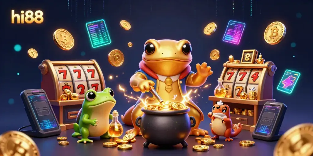 Cá cược tại hi88 với hình ảnh một nhà giả kim vàng và bạn đồng hành trong không gian casino.