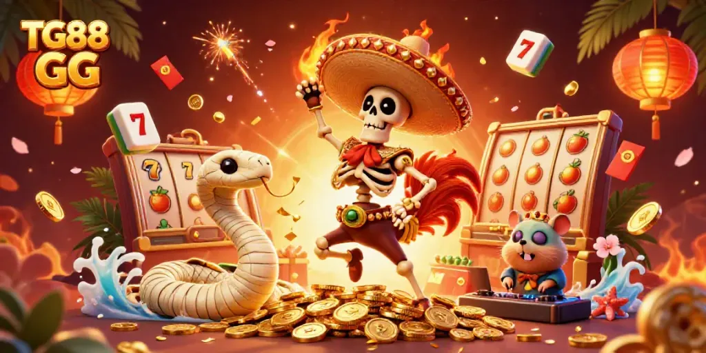 Celebrate wins with TG88 GG in a vibrant casino scene featuring iconic gambling characters.
