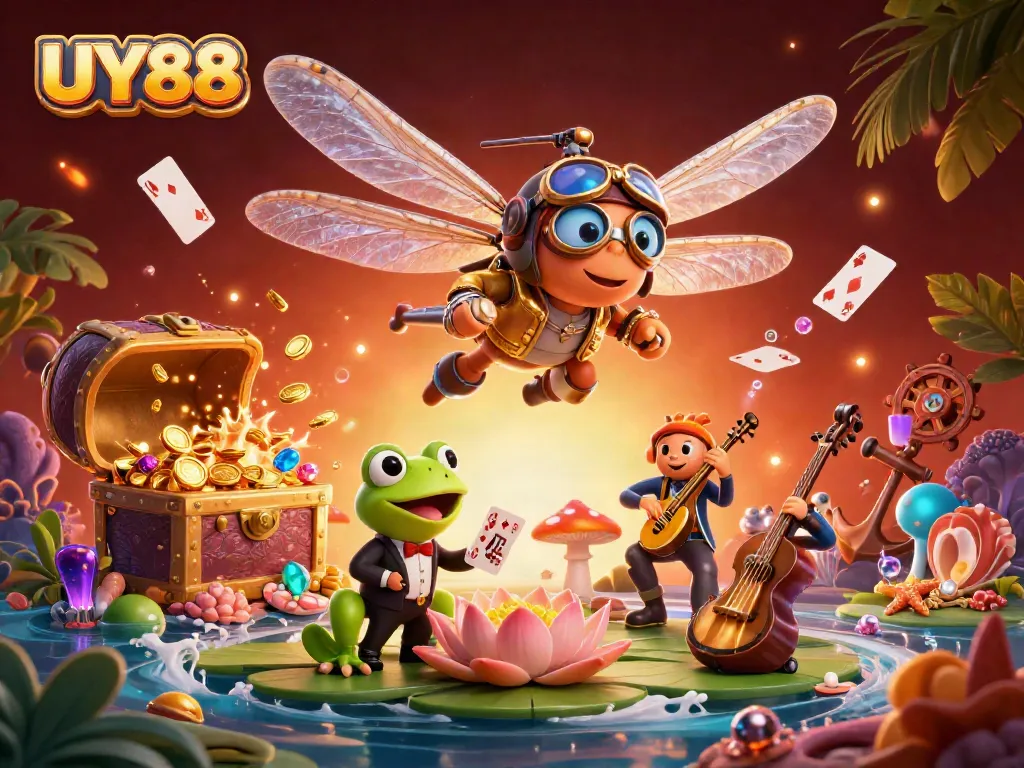 Experience UY88's vibrant casino world with a playful dragonfly pilot, frog croupier, and lively jazz band.