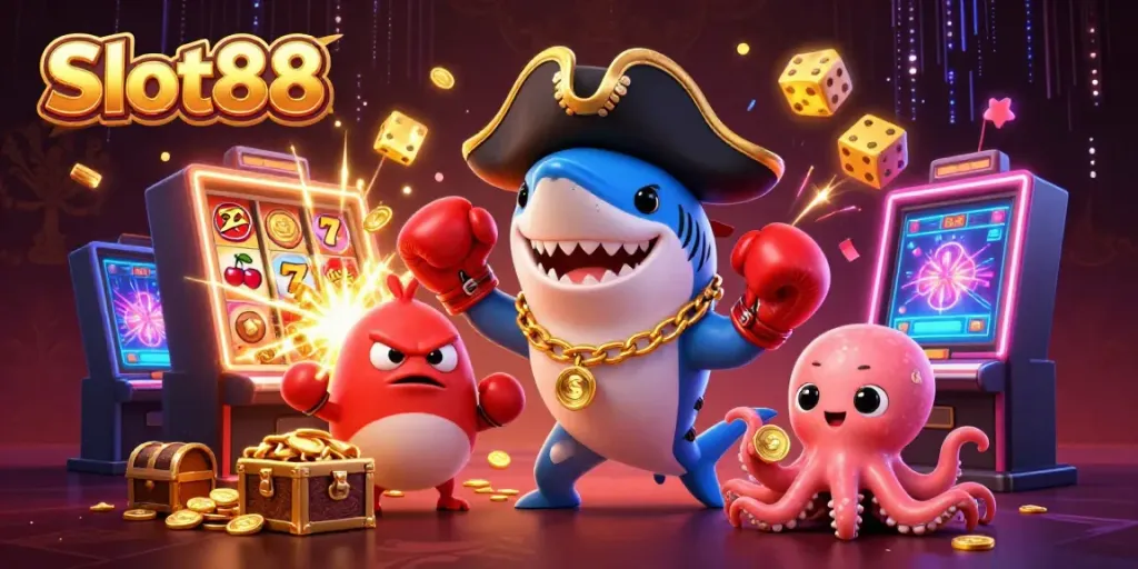 Spin the reels on Slot88 with vibrant cartoon characters in a dynamic casino scene.