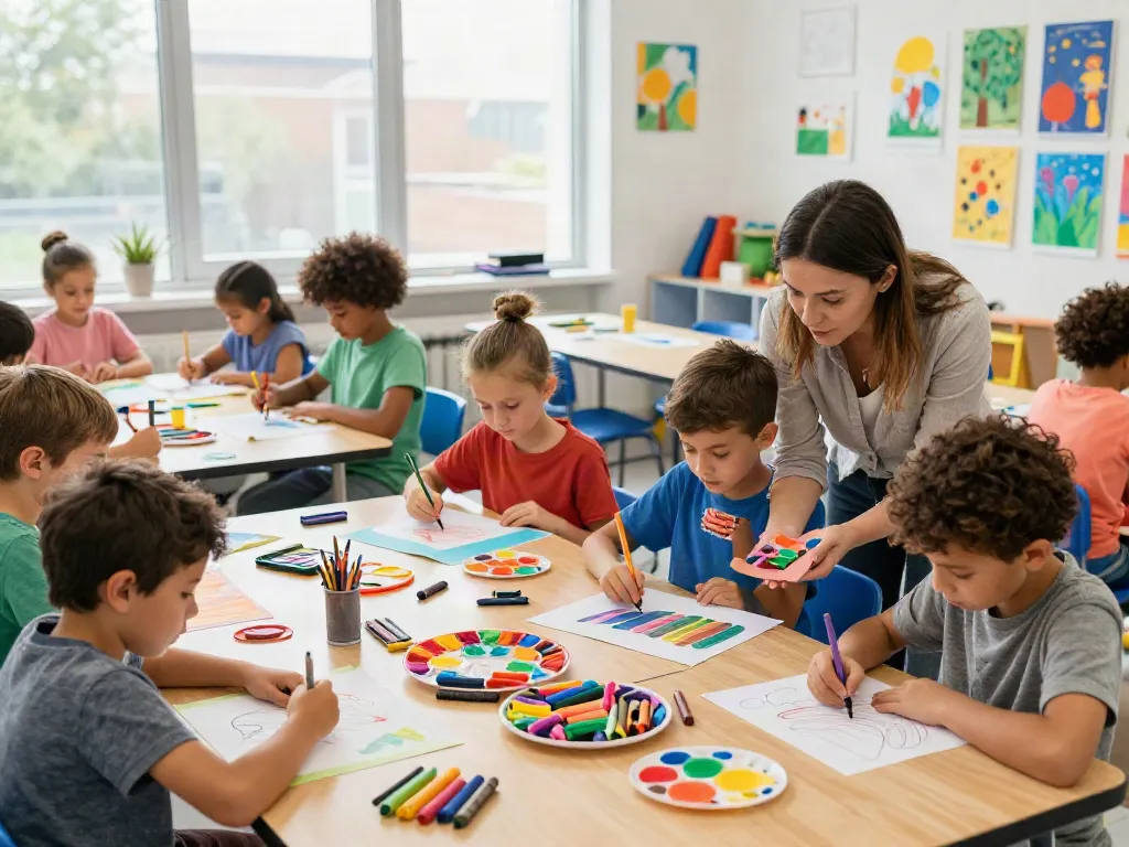 Engaged children exploring creativity with a crayon supplier's products in an art classroom