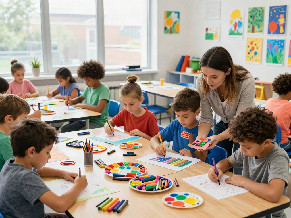 Engaged children exploring creativity with a crayon supplier's products in an art classroom