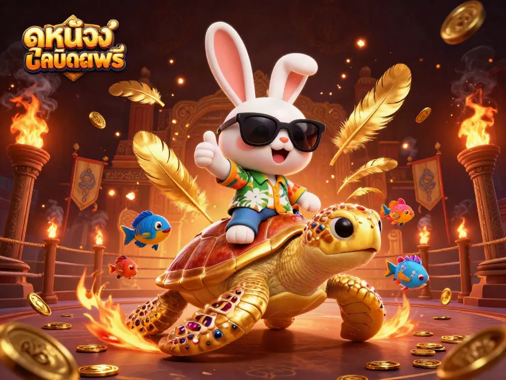 Experience ดูหนังออนไลน์ฟรี in a vibrant scene featuring a lucky rabbit and golden turtle surrounded by casino-themed decorations.