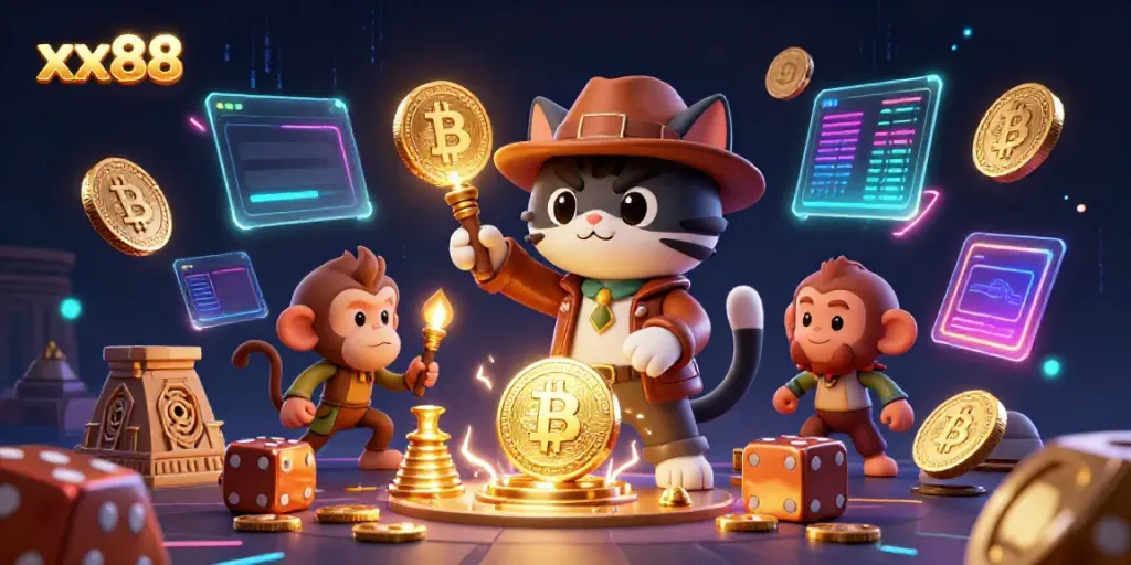 Engage with the vibrant scene of xx88 featuring a cartoon explorer cat uncovering casino treasures.