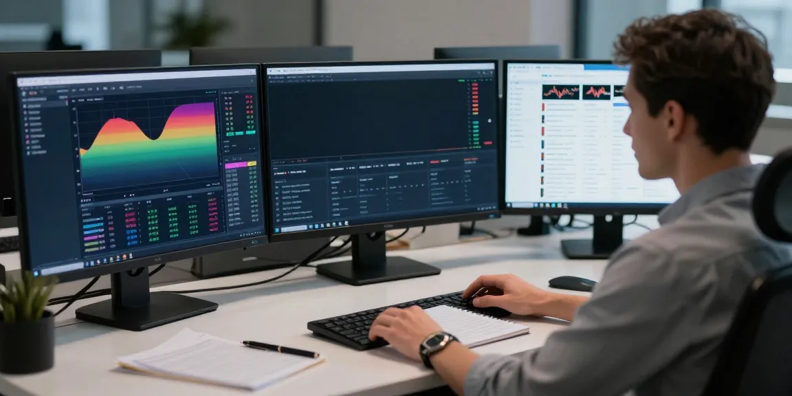 Trader utilizing MetaTrader 5 software in a sleek trading setup focusing on market analysis.