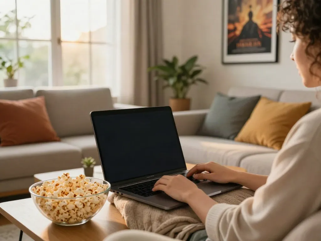ZoeChip user streaming movies at home with a cozy setup, popcorn and sunlight.