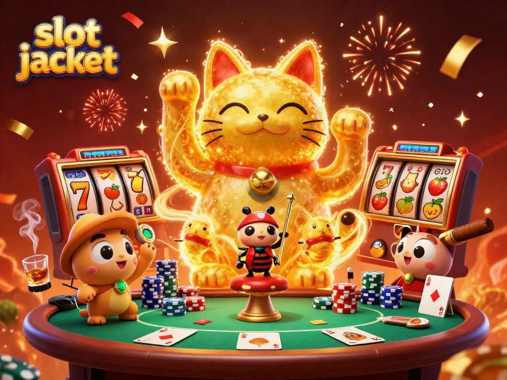 Watch the lively 3D scene featuring the slot jackpot lucky cat and casino elements.