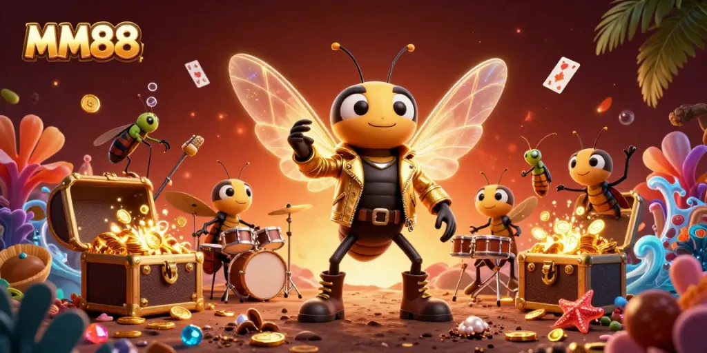 Experience thrilling gameplay with MM88, featuring vibrant casino elements and cartoon characters.
